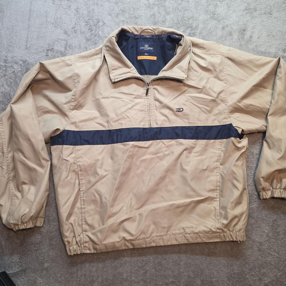 Dockers Golf Windbreaker Jacket Mens XL Beige Blue 1/4 Zip Stain Defender Lined